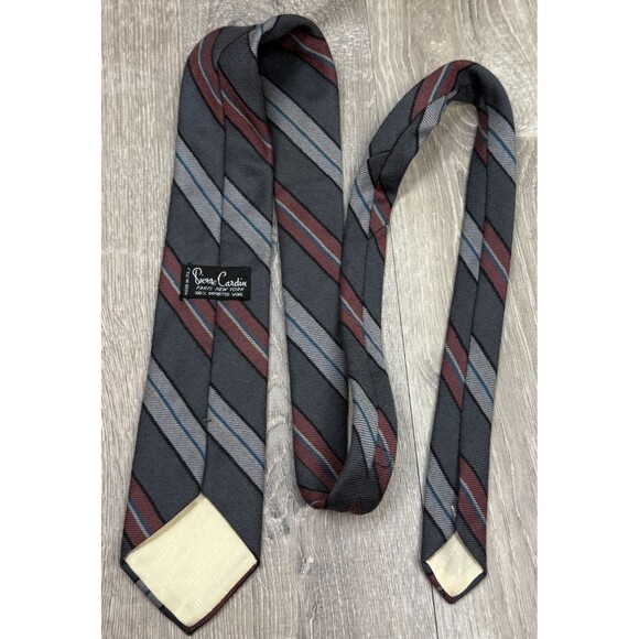 Pierre Cardin Vintage 60s 70s Wool Neck Tie Gray Burgundy Stripe Italy Made 56x3 - Picture 3 of 4